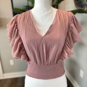 Anthropologie "Forever that Girl" Dusty Rose Ruffled Sleeve V-Neck Smock Blouse
